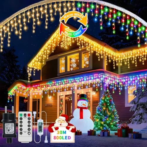 RJEDL 3-in-1 Outdoor Christmas Icicle Lights, 25M+5M/98.5ft 800 LED Waterproof Icicle Fairy Lights with 8 Modes Remote Control and Dimmable, Plug in String Lights for Indoor Decor Warm+Multicolor