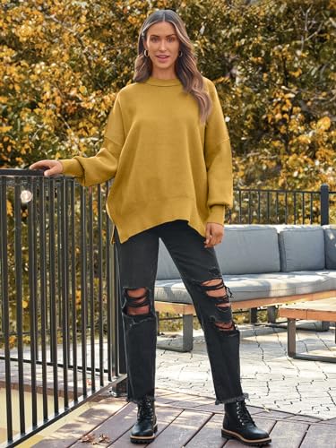 Image of LILLUSORY Women's Oversized Batwing Sweaters 2026 Fall Outfits Trendy Crewneck Knit Side Slit Fashion Pullover Tops