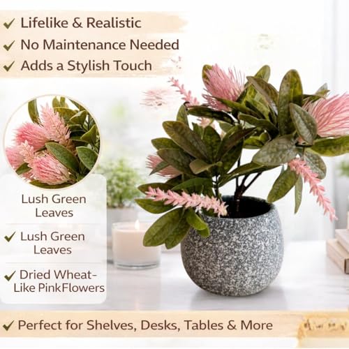 Image of Garden Art Artificial Protea Flower Arrangement in Decorative Dotted Pot - Realistic Faux Pink Protea Plant for Home, Office, Table & Shelf Decoration (P-0235Pink)