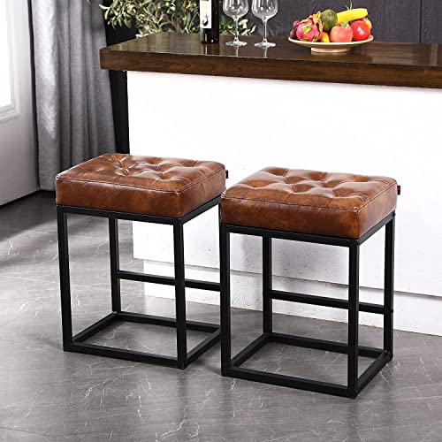 Furnimart 24 Inch Bar Stools Set Of 2 Faux Leather Counter Height Bar Stools, Upholstered Counter Saddle Chair Island Stool With Metal Frame For Bar Kitchen Dining Room Indoor (Yellow Brown) #TOP5
