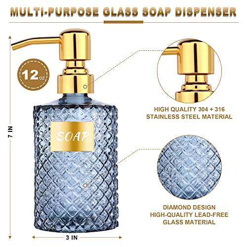 MOCLIF 12OZ Diamond Glass Dispenser with Gold 304 Stainless Steel Bathroom Dispenser for Kitchen,Hand Soap,Shower Dish Soap,Lotion and other Liquids(Blue) - Image 3