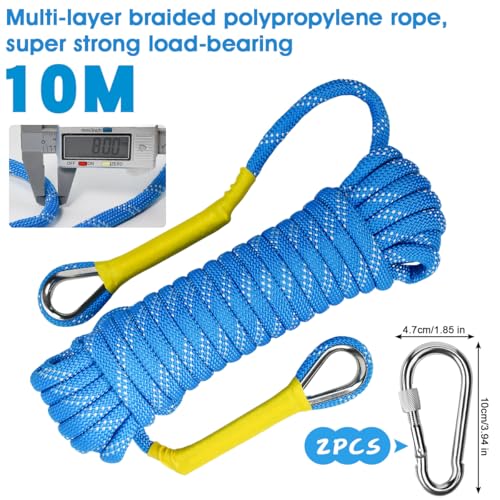 EMAGEREN Outdoor-Seil 8mm Geflecht Nylon Seil 10m Wandern Seil mit 2 Stahlhaken für Wandern Baumfällung Outdoor Sport Camping Garten im Freien Blau