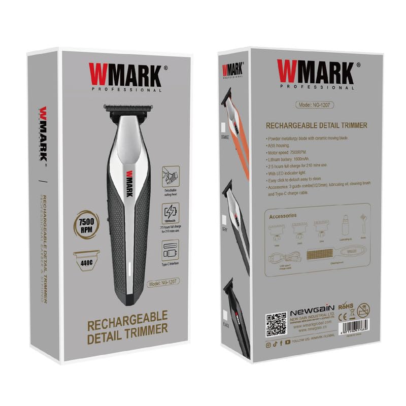 Image of WMARK NG-1207 Rechargeable Detail Trimmer, 440C Stainless Steel and Ceramic Blade, 7500 RPM Motor, 1600mAh Lithium Battery, LED Indicator, 210 Minutes Runtime BLACK