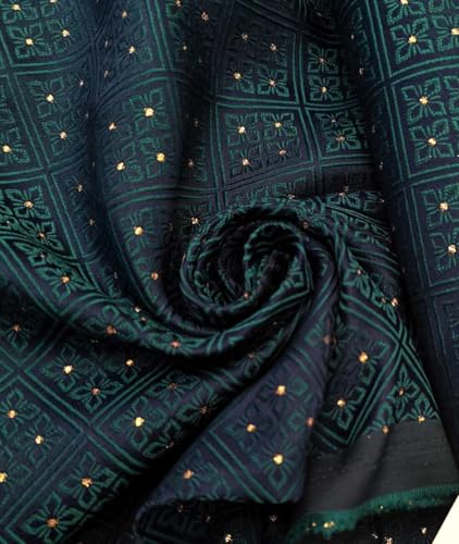 Tissu brocart de soie bleu sarcelle au motif diamant vert et pois dorés BRO1165