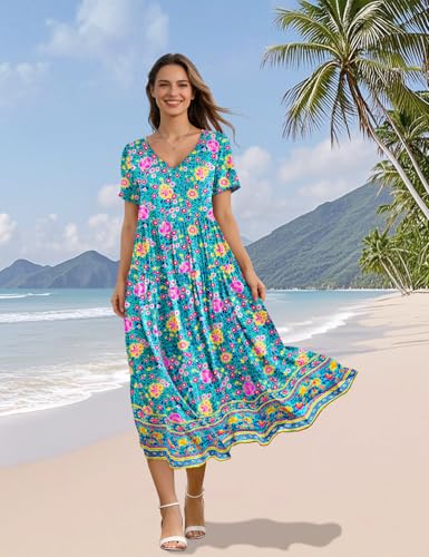Image of YESNO Women's Summer Maxi Dresses Casual Floral Short Sleeve V Neck Boho Beach Vacation Swing Dress with Pockets EVF