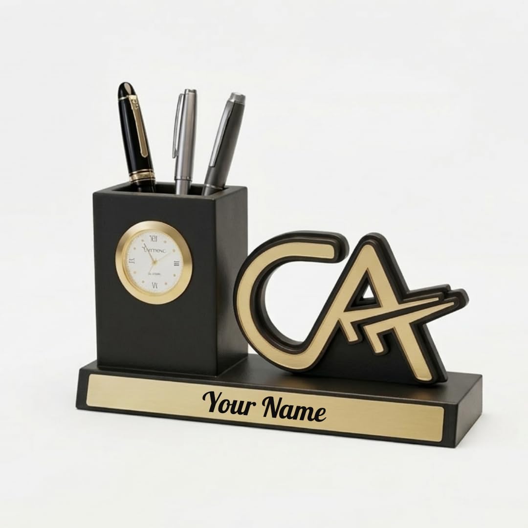Giftana Personalized CA Pen Stand with Name & Clock, Wooden Desk Organizer with Chartered Accountant Emblem, Customized Pencil Holder for Office Desk, Unique Gift for CA, Birthday & Professional Gift