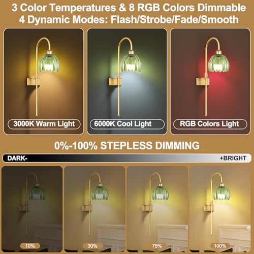 Image of ZECOXOL Vintage Battery Operated Wall Sconces Set of 2, Gold Rechargeable Wireless Wall Lamp Lights with Glass Lampshade & Remote,Dimmable 12 Colors Flower Wall Sconce for Bedroom Living Room Hallway