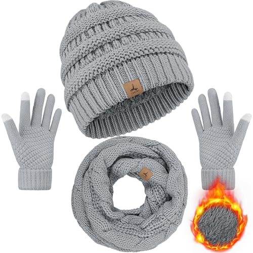 LOROME Winter Beanie Hat Scarf Gloves, Warm Fleece Knit Winter Hats Touch Screen Gloves Neck Scarf Set Winter Gifts for Women Men