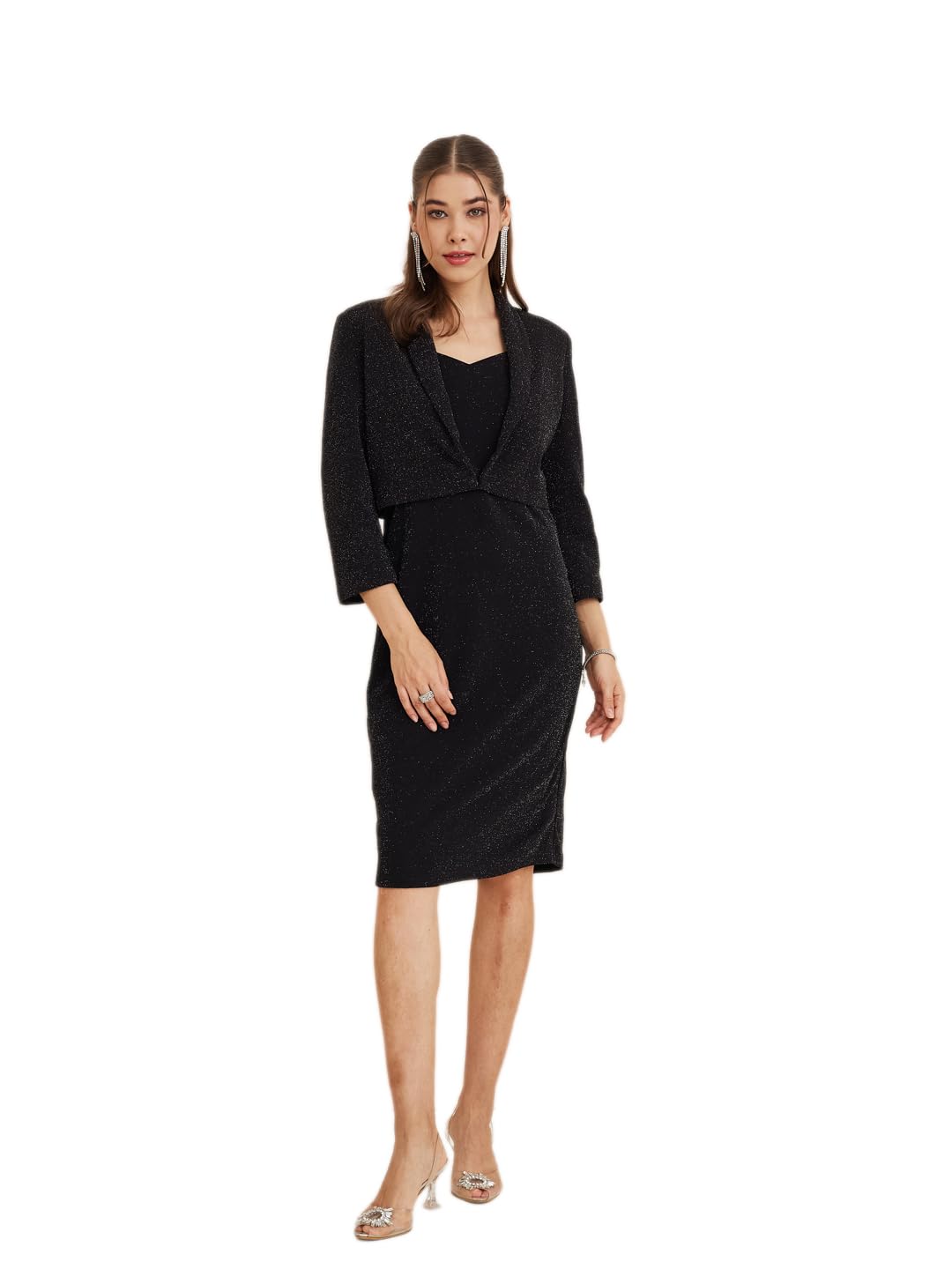 Latin Quarters Women's Black Sweatheart Neck Sleeveless Solid Party Bodycon Dress Shrug Set-image-21
