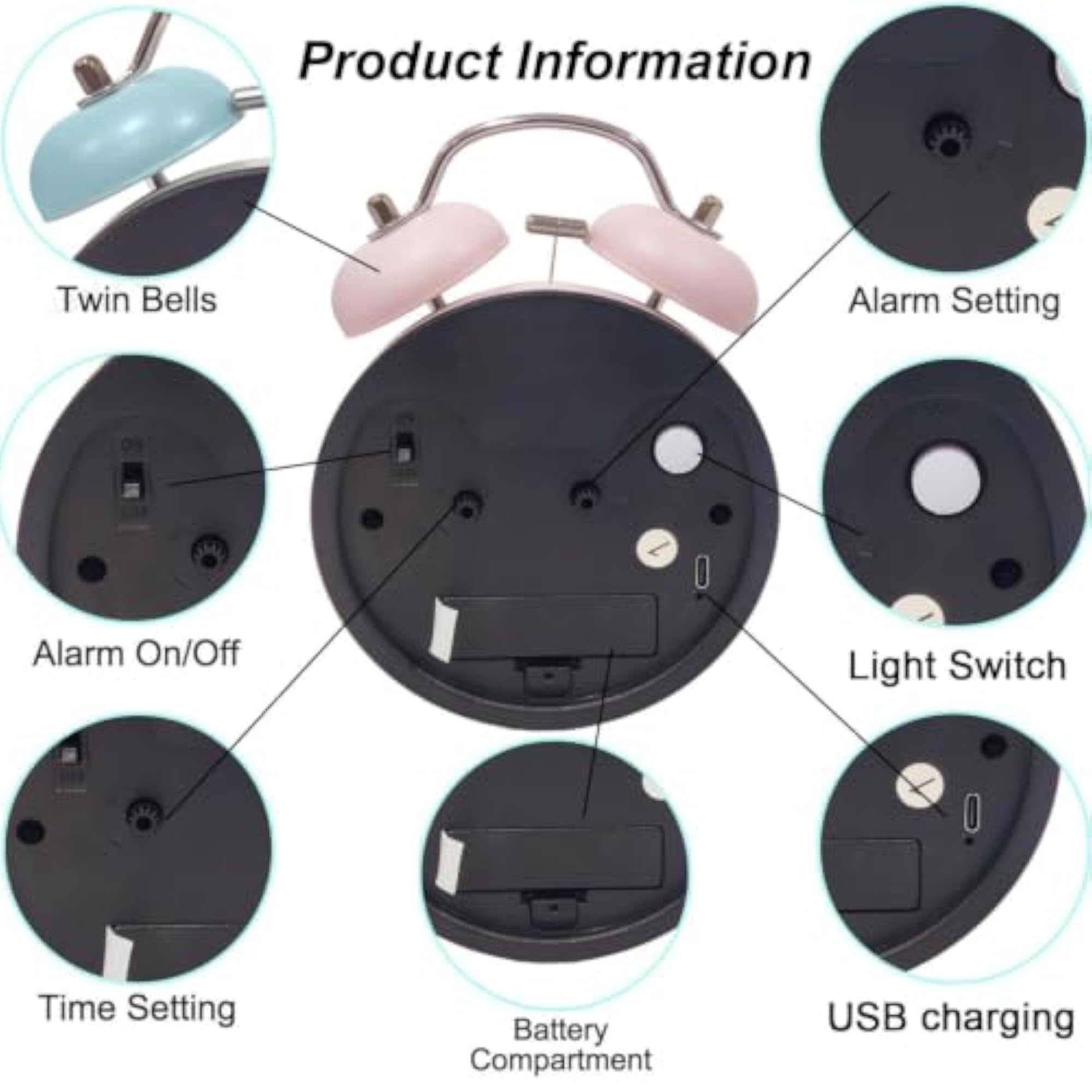 Blue Rainbow Twin Bell Alarm Clock with Night Light