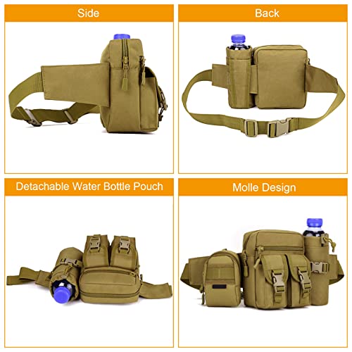 Huntvp Taktisch Hüfttasche mit Flaschenhalter Militärisch Bauchtasche Wasserdicht Gürteltasche MOLLE Wasserflasche Halter Multifunktional für Damen Herren Wandern Laufen Camping Trekking, Braun