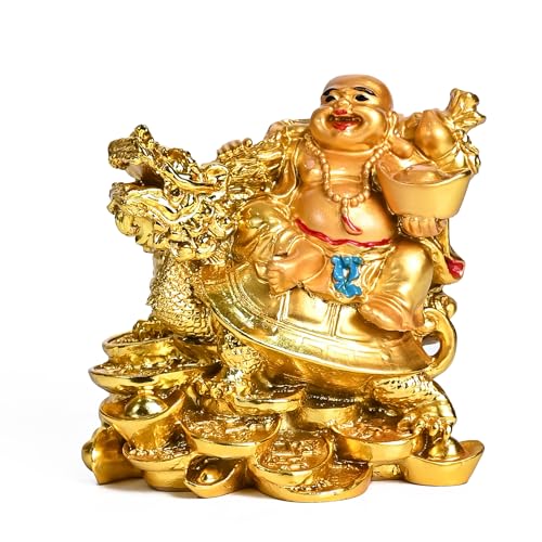 Image of ZAICUS Golden Laughing Buddha on Dragon Tortoise with Ingot - 4.5-Inch Feng Shui Good Luck Statue for Wealth, Happiness, and Prosperity | Decorative Figurine for Home & Office
