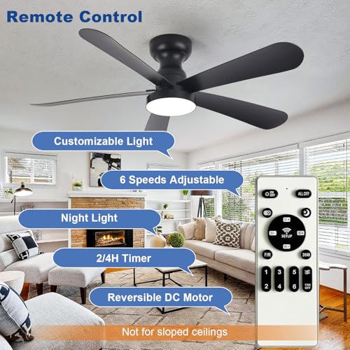 Image of Depuley Black Ceiling Fan with Lights: 42-Inch Flush Mount Fan with Light and Remote - Low Profile Ceiling Fans Reversible Quiet DC Motor for Bedroom Living Room Indoor Outdoor