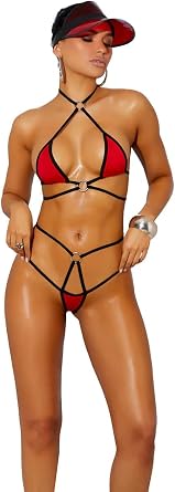 Lycra Bikini Top and Matching G-String With Black Trim - One Size - Red