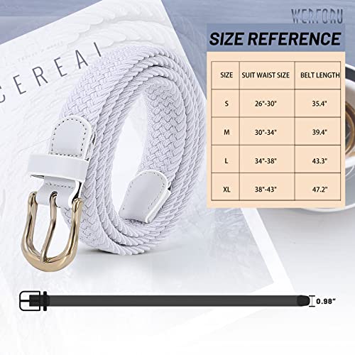 Werforu Braided Elastic Belts For Women And Men Canvas Stretch Woven Golf Belt With Gold Buckle, White,39.4In Length, Fit Size 30-34 Inches #TOP5
