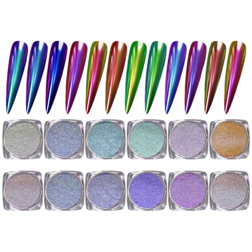 12PCS Nail Powder Glitter Metallic Shining Metallic Mirror Effect Sparkle Iridescent Pigment Glitter for Nail Art Manicure Decoration Home DIY Salon Eyeshadow Nail Decorations Accessories