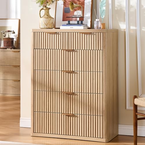 Image of LEYAOYAO Farmhouse Fluted 6 Drawers Dresser for Bedroom, 42 inch Tall Modern Chest of Drawers with Curved Profile Design & Metal Handle,Natural Wood Drawer Organizer for Bedroom