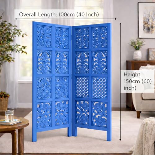 Image of Wooden Room Divider | MDF Privacy Screen Partition | Freestanding Folding Floor Panel | Decorative Carved Handicraft Separator for Living Room, Bedroom & Office (Blue, 5 feet 2 Panels)
