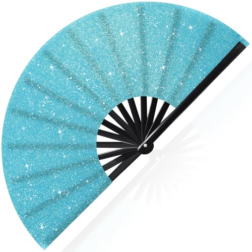 Image of Vercraft 13'' Large Rave Fan for Women Rave Accessories Festival Outfits Glitter Hand Folding Clack Fan for Line Dancing EDM Music Festival Outfits(Sky Blue)