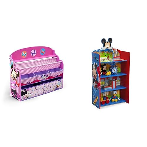 Delta Children Organizador de libros y juguetes de lujo, certificado Greenguard Gold, Disney Minnie Mouse y casa de juegos de madera con 4 estantes