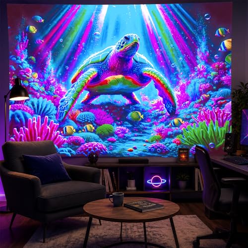 Image of BlissYard Neon Sea Turtle Ocean UV Black Light Tapestry 78x59 Inches Art Color Neon Light Background Bedroom Living Room Wall Party Decoration Underwater Coral Reef Marine Psychedelic Wall Art