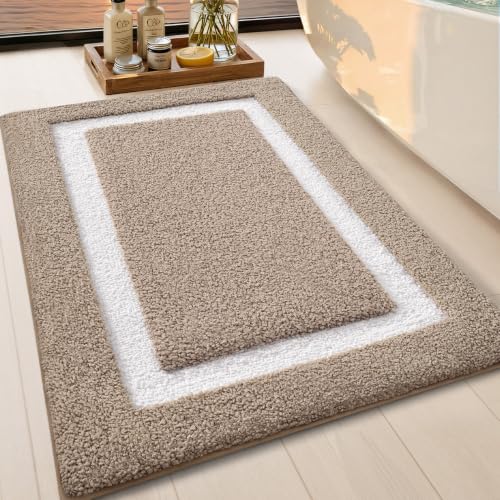 Image of Color&Geometry Extra Soft Bathroom Rugs 30x20, Absorbent Microfiber Bath Rug, Non-Slip Bathroom mat, Washable Plush Bath Mats for Bathroom, Shower, Bathtub, Laundry, Khaki White