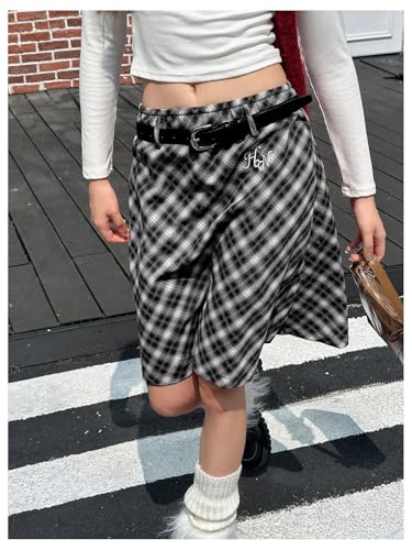 MakeMeChic Women's Plaid Midi Skirt Embroidery Ruffle A Line Knee Length Y2K Skirts4