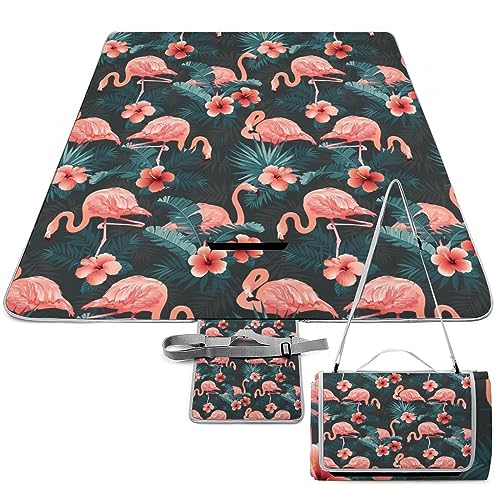 Flamingo-Bird-Tropical Flowers Picnic Blanket Waterproof Foldable, Large Outdoor Picnic Blanket Beach Blankets Camping Blanket Travel Mat, Shoulder Strap Tote, Rectangle 58x58in