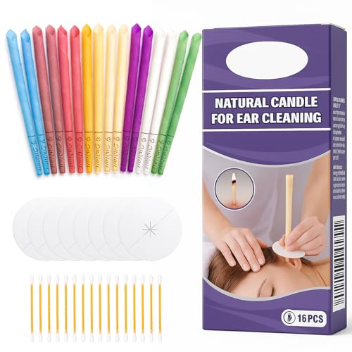 KELAV Conos Cera Oidos 16 Piezas, Naturales Velas Para Los Oídos 8 Colores, Cera Oidos Limpiador con Discos de Protección, Protectores el Tinnitus Cuidado de la Salud Tratamiento de Oído