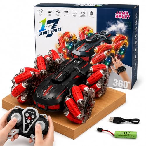 Image of Amazon Brand - Jam & Honey Remote Control Drift Stunt Car Toy | 4x4 RC Car for Kids & Adult | High Speed Racing Car | Omni-Directional Wheels | 360 Rotation | Double Sided Driving | RGB Lights Music
