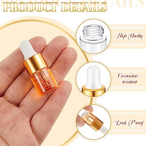 100 Pcs Mini Glass Oil Dropper Bottle Bulk, Clear Essential Small Empty Bottles Sample Containers Perfume Liquid Vials with Cap for Traveling (2 ml,Gold)3