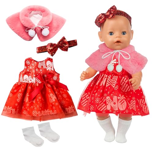Baby Dolls Christmas Outfit for Newborn Baby 35-43 cm Doll 14 Inch 16 Inch 17 Inch Baby Doll, Include 1 Skirt 1 Cape 1 Headband 1 Pair Socks, Doll Clothing Set for Kids Girls Red