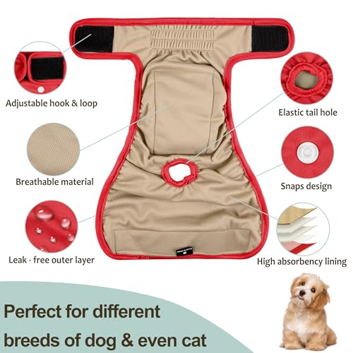 Image of Female Dog Diapers 5Pcs - Premium Reusable Diapers for Doggie in Heat - Highly Absorbent Dog Diapers Female for Pet Incontinence, Red, L