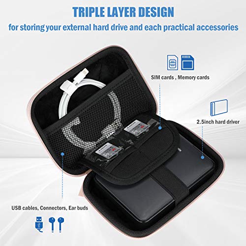 ProCase Estuche de Viaje Antigolpes para Disco Externo 2.5" Toshiba Canvio Basics/WD Elements/My Passport/Seagate Expansion/Backup Plus, Caja Universal para Disco Duro 2,5 Pulgadas 1TB 2T 4 TB-OroRosa - imagen 3