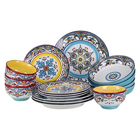 Euro Ceramica Zanzibar Double Bowl 16-Piece Dinnerware Set | Fine Kitchenware | Floral Multicolor Design Stoneware Tableware Service For 4 Cover