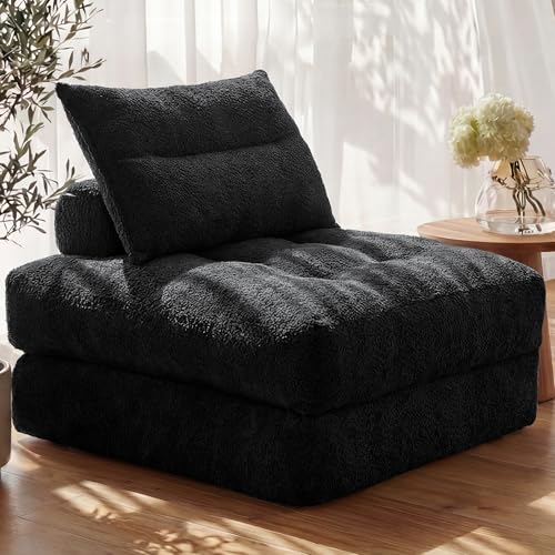 MONVANE Oversized Folding Sofa Bed, Fold Out Chair Bed with Pillow, Convertible Sleeper Chair for Living Room, Guest Room & Bedroom, 400+g Comfy Teddy Velvet Couch Bed for Adults & Kids, Black