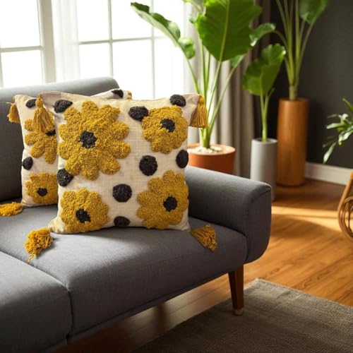 Image of Furnistitchs Handmade Cotton Bohemian Home Decor Cushion Cover 24x24 inches / 60x60 cms - Boho Chic Couch Sofa Throw Living Room Bedroom Cushions (1, Floral Polka)