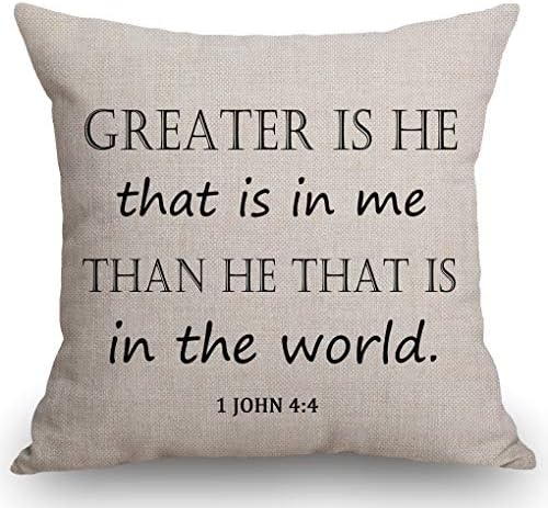 SSOIU Greater is He That is in me, Than he That is in The World, Bible Scripture Christian Cotton Linen Decorative Home Office Throw Pillow Case Couch Cushion Cover 18X18 inches
