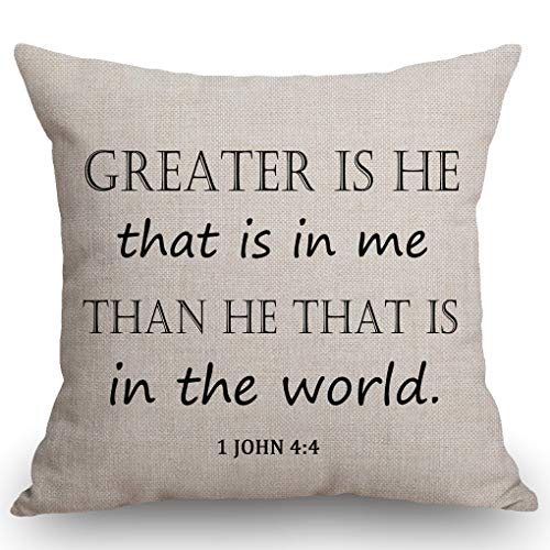 Ssoiu Greater Is He That Is In Me, Than He That Is In The World, Bible Scripture Christian Cotton Linen Decorative Home Office Throw Pillow Case Couch Cushion Cover 18X18 Inches #TOP26