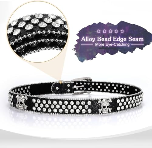 Skull Rhinestone Belt for Men Women, Genuine Leather Bling Diamond Sequin Studded4