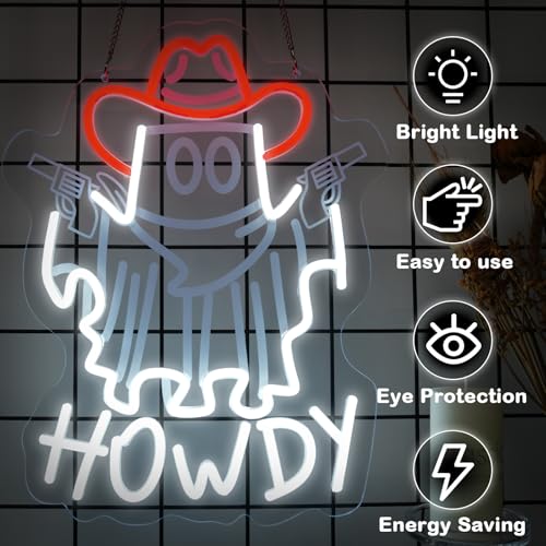 Image of Ghost Cowboy Neon Sign, Howdy Halloween Neon Lights Signs, Western Cowboy Neon Light, Cowboy Ghost Led Sign with USB Powered for Cowboy Farm, Wall Hanging Decor