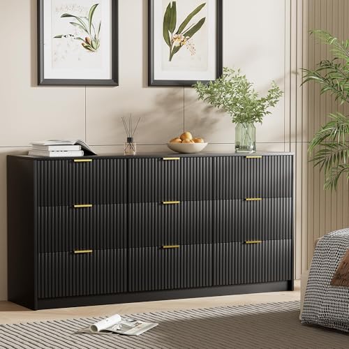 Image of Furniway 3 Piece Bedroom Set, 9 Drawer Dresser and Nightstand Set of 2 with Gold Handles, Modern Wood Chest of Drawers Storage Cabinet for Bedroom, Black