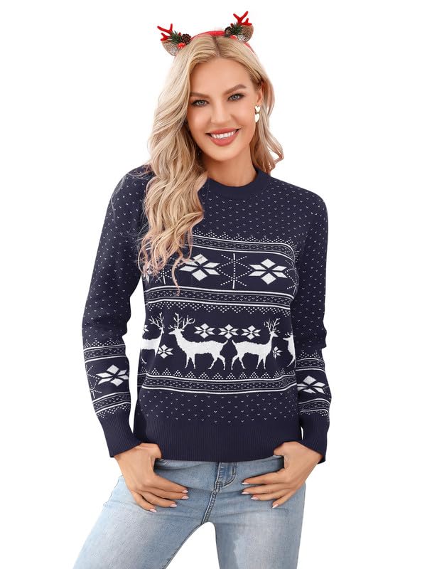 Family Matching Christmas Sweater Reindeer Snowflakes Knitted Ugly Crew Neck Pullover for Women Men Kids