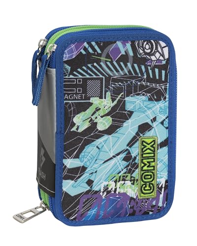 Trousse d'école 3 compartiments Comix Flash garnie Lost Space bleue