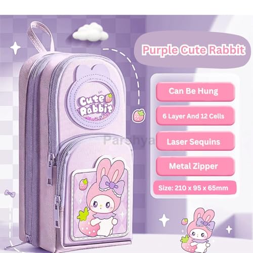 Image of WORSHIPER 6 Layer with 3 Compartment Premium Canvas Pencil Pouch for School Girls and Boys, Cute Aesthetic Stationery Items Kit Case, Large Capacity Stationary Pencil Pouch (: Purple Cute Rabbit)