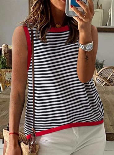 Image of Dokotoo Womens Summer Tops 2026 Casual Striped Color Block High Neck Tank Top Loose Knit High Low Sleeveless Shirts Blouses