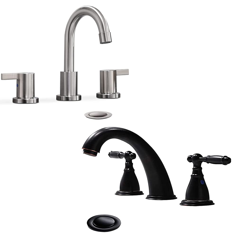Nfusrxmbk Bronze 2 Handle 8 Inch Widespread Bathroom Faucet，Brushed Nickea And Loil Rubbed With Pop Up Drain Wf015-1-Bn+Wf008-4-Orb