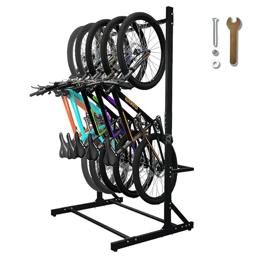 Freestanding 5 Bike Storage Rack for Garage, Hold Multiple Bicycles, Mountain Bikes, Road Bikes, Kids’ Bicycles and E-Bikes