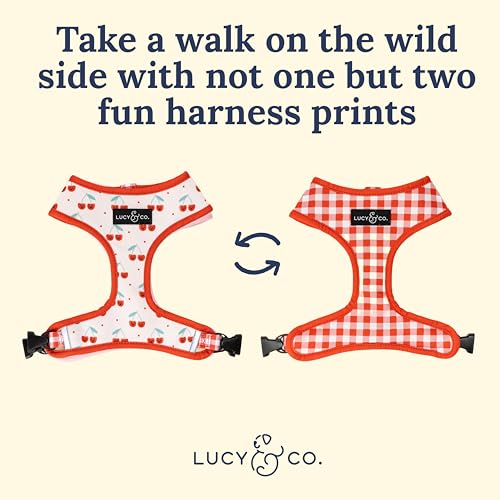 Lucy & Co. Cheery Cherries, niedliches wendbares Hundegeschirr, Spazierengehalfter, beste Designer-Haustiergeschirre für XS-XL, gepolsterte, verstellbare Weste für einfaches Spazierengehen, Größe L