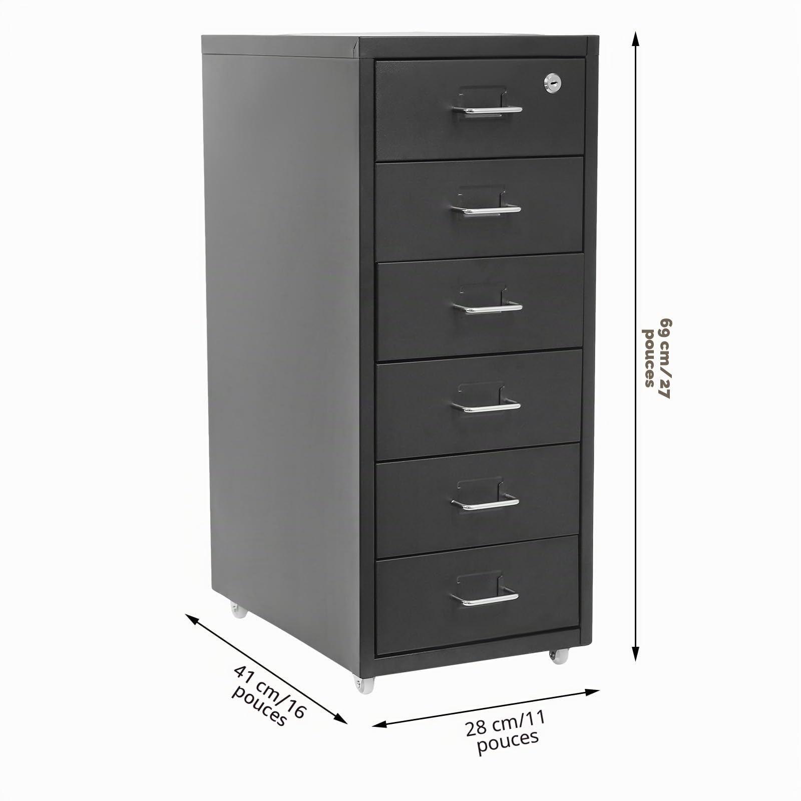 Armoire de rangement verticale mobile à 6 niveaux pour bureau à domicile, 28 x 41 x 69 cm, anti-basculement, en métal, avec tiroirs, verrouillable, pour dossiers, documents (noir)